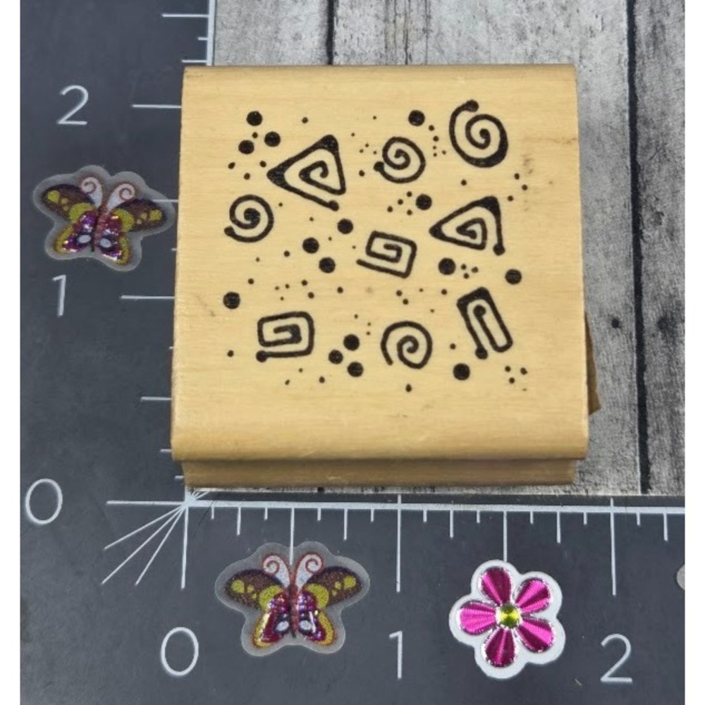 Hooks Lines Inkers Spiral Geometric Dots Background 1993 Rubber Stamp Wood #R77